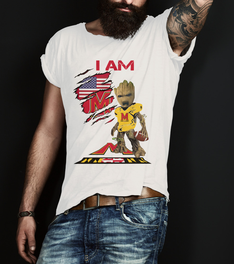 I Am Maryland Baby Groot Football M Logo American Flag T-Shirt