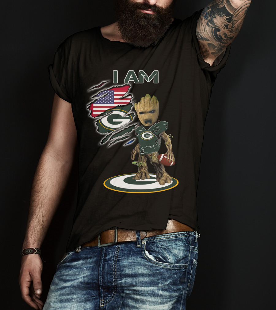 I Am Packers Baby Groot American Flag Football T-Shirt