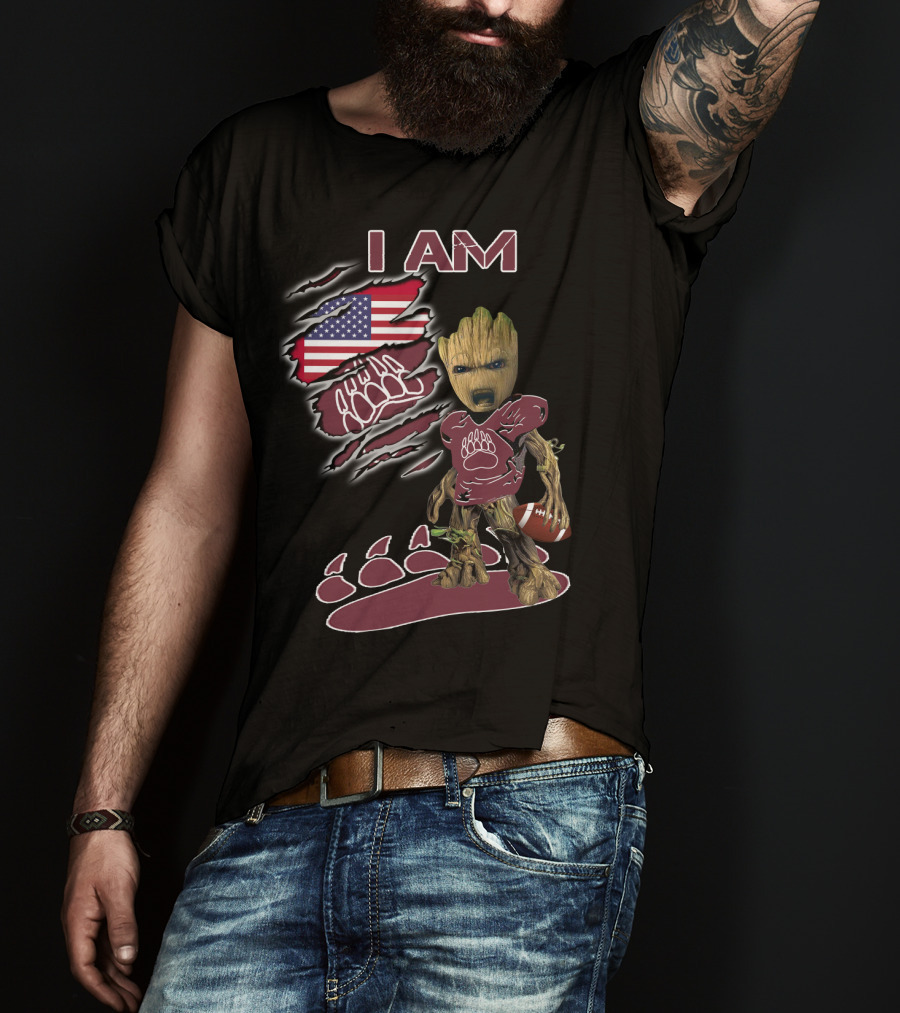I AM American Flag Football Baby Groot Bear Paw T-Shirt
