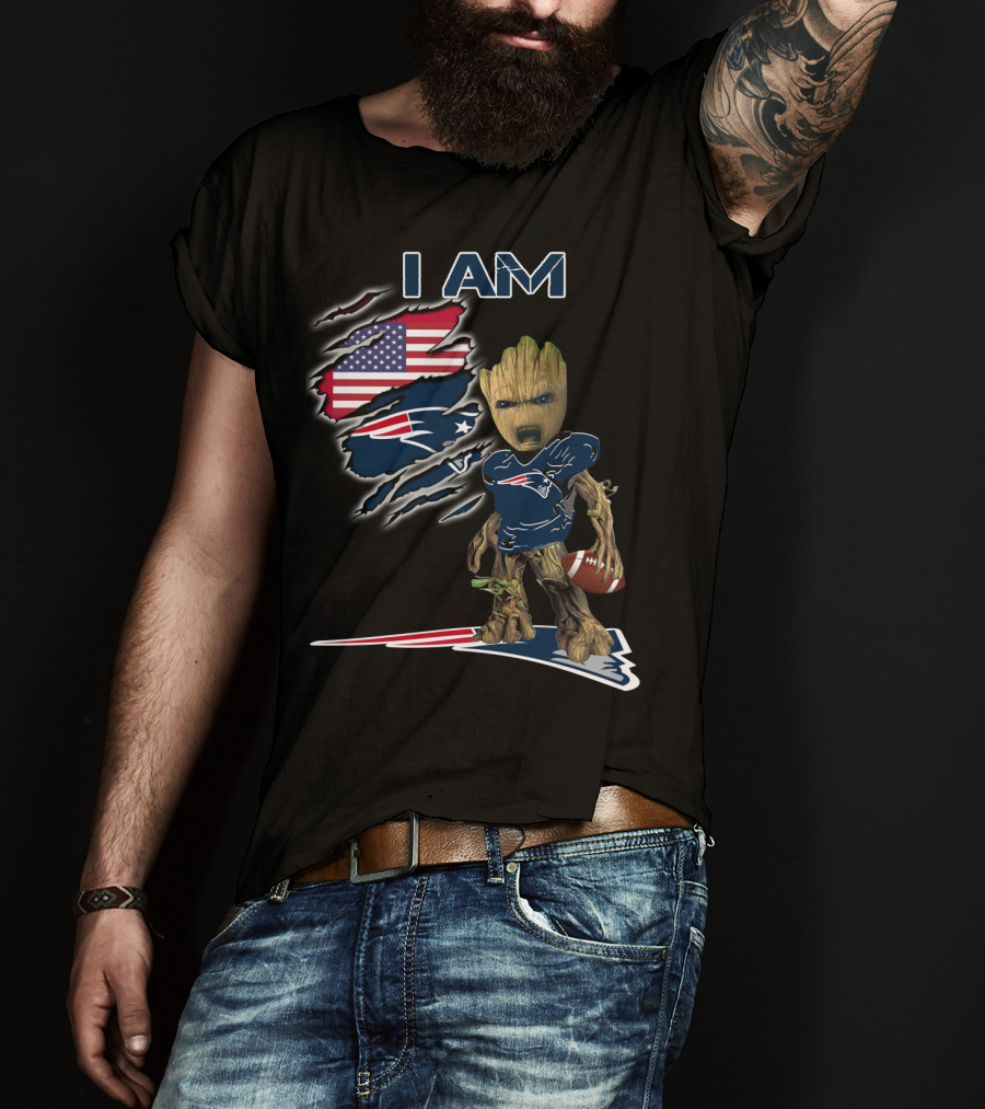 I AM Patriots Baby Groot American Flag Football T-Shirt