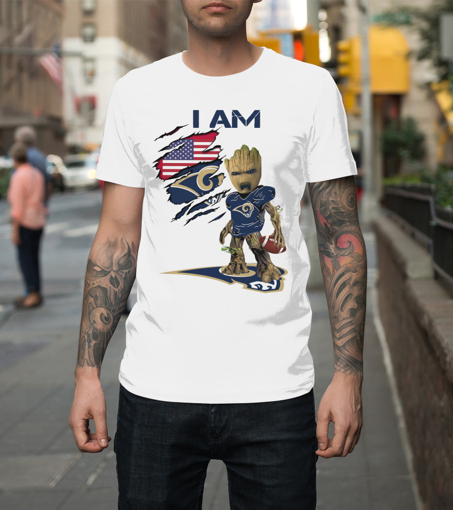 I AM Rams Baby Groot Football USA Flag T-Shirt