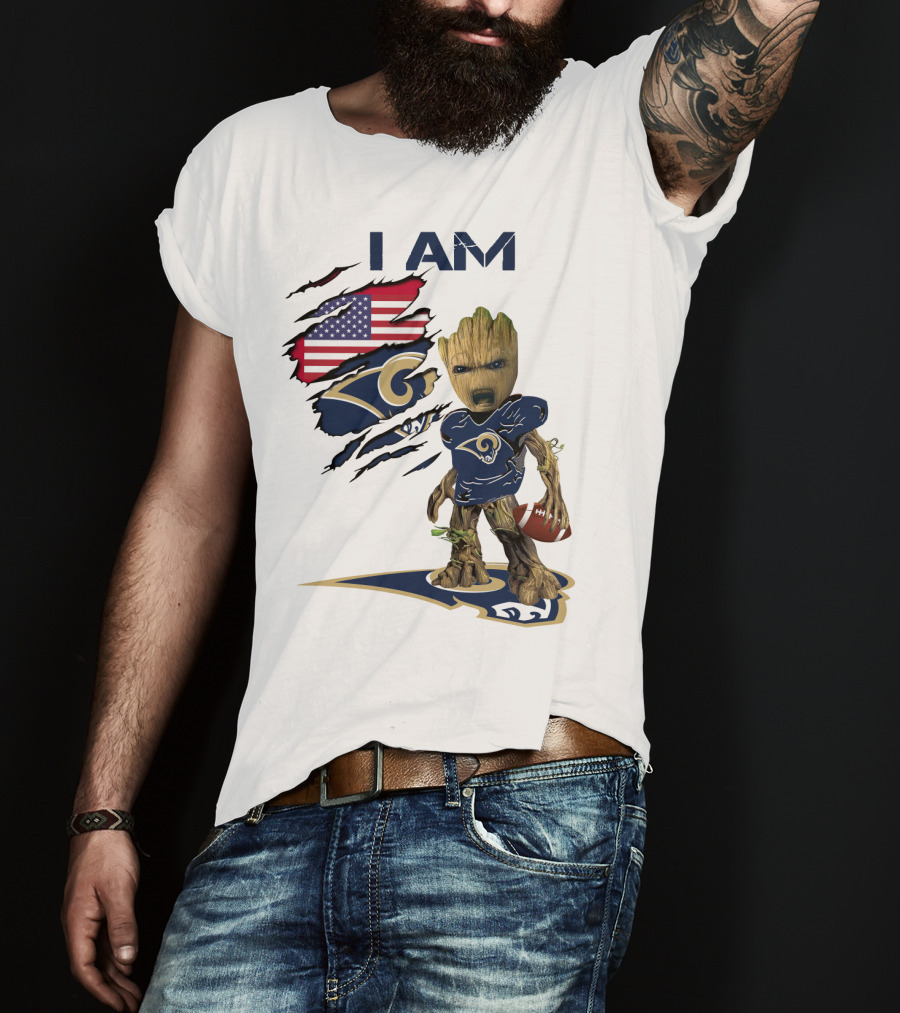 I AM Rams Baby Groot Football USA Flag T-Shirt