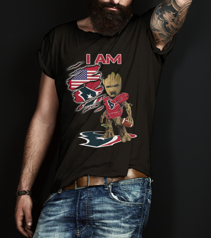 I Am Texans Baby Groot American Flag Football Fan T-Shirt