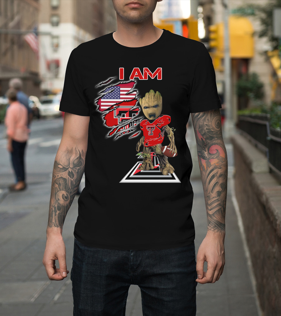 I AM Texas Tech Football American Flag Baby Groot T-Shirt