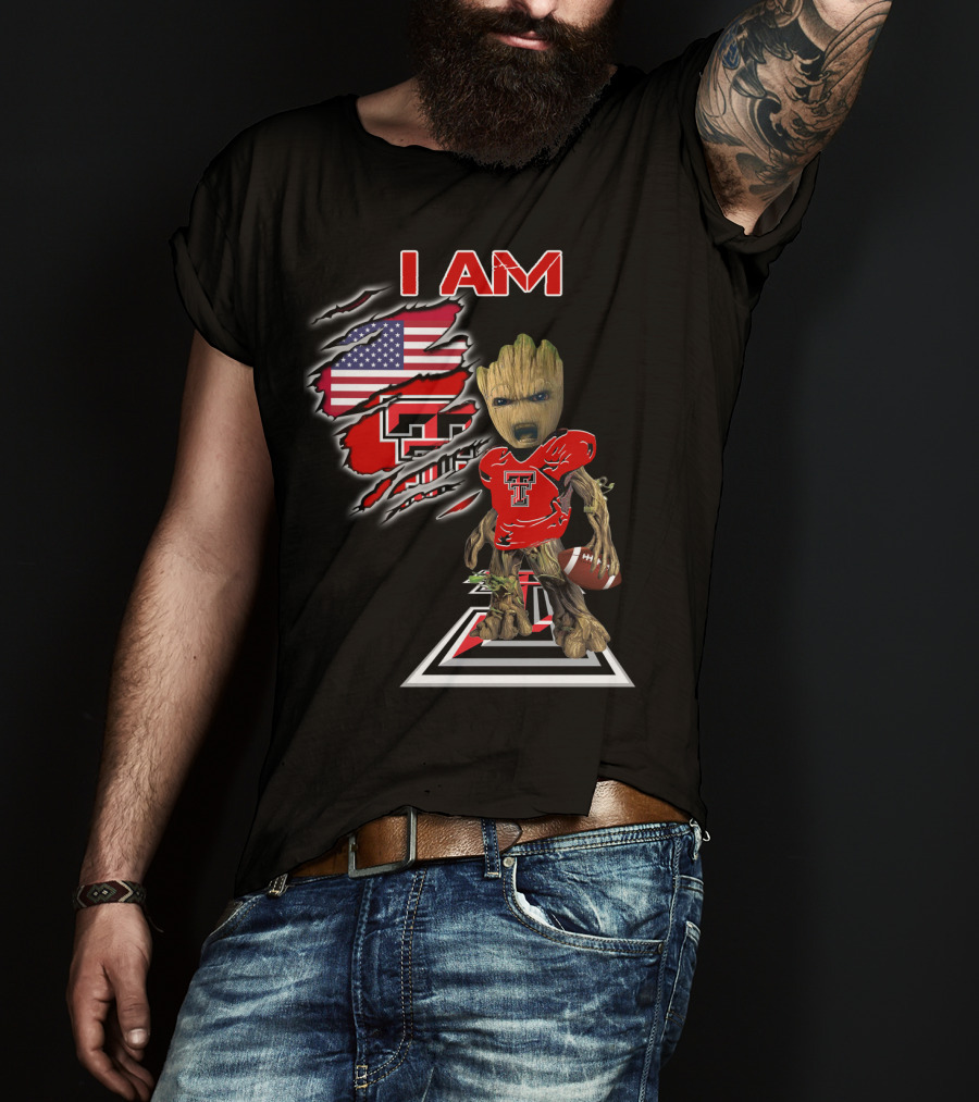 I AM Texas Tech Football American Flag Baby Groot T-Shirt