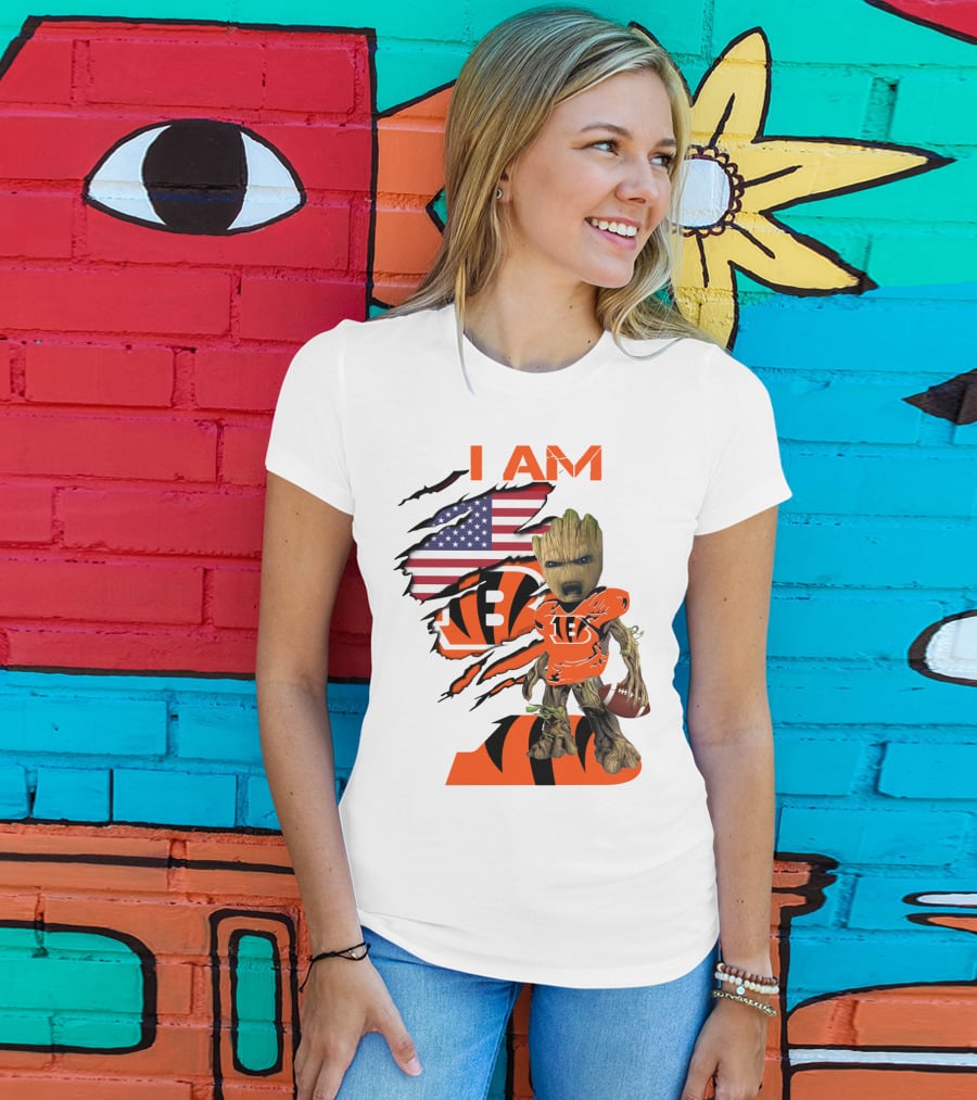 I AM Bengals Baby Groot Football USA Flag T-Shirt