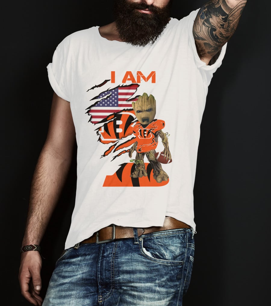 I AM Bengals Baby Groot Football USA Flag T-Shirt