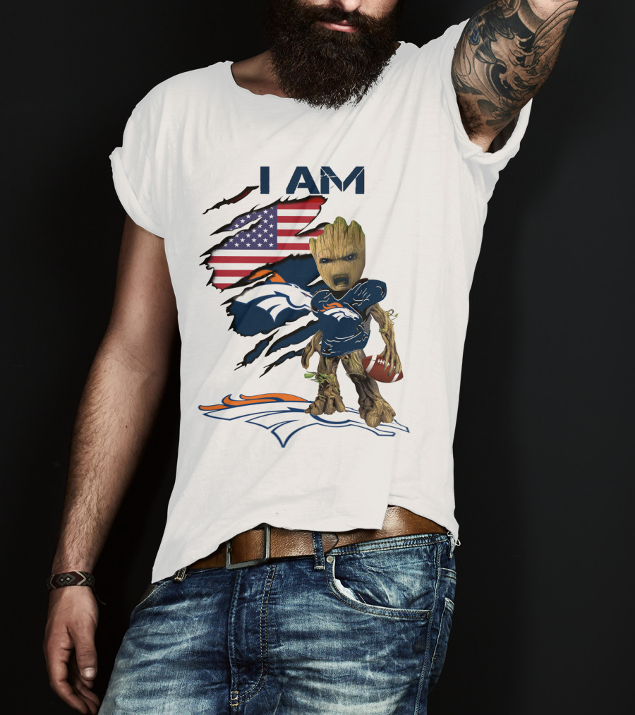 I Am Broncos Baby Groot American Flag Football T-Shirt