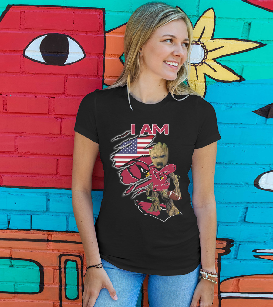 I Am Arizona Cardinals Baby Groot American Flag T-Shirt