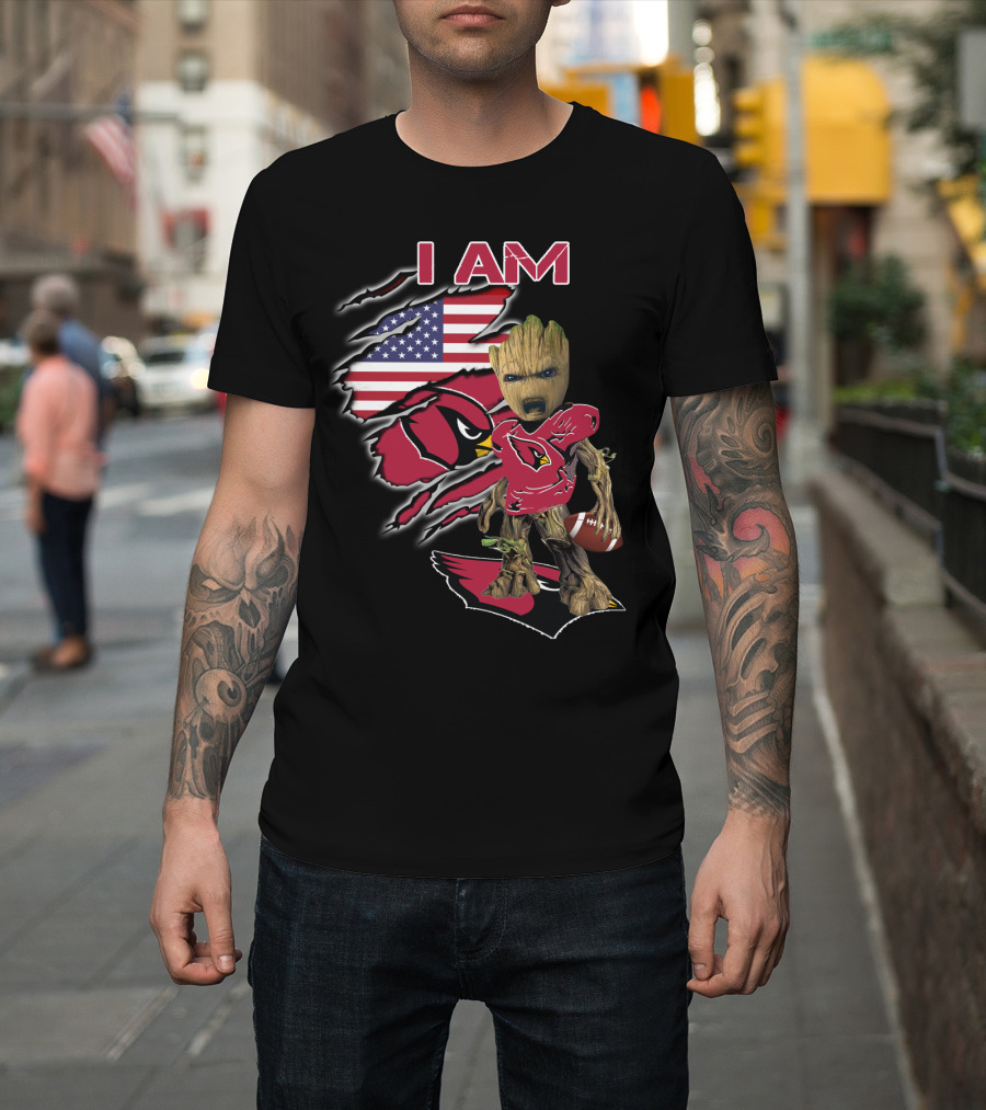 I Am Arizona Cardinals Baby Groot American Flag T-Shirt