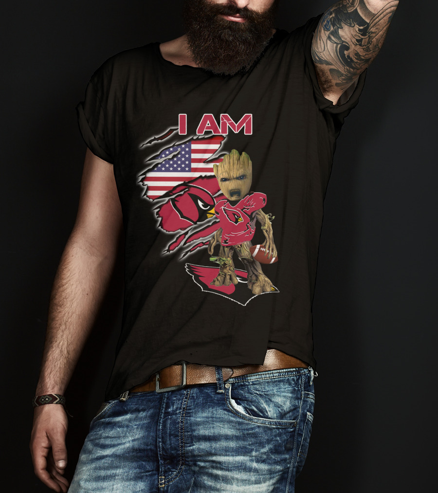 I Am Arizona Cardinals Baby Groot American Flag T-Shirt