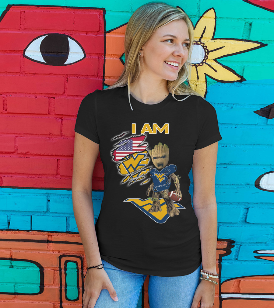 I AM West Virginia Mountaineers Baby Groot Football Fan USA Flag T-Shirt