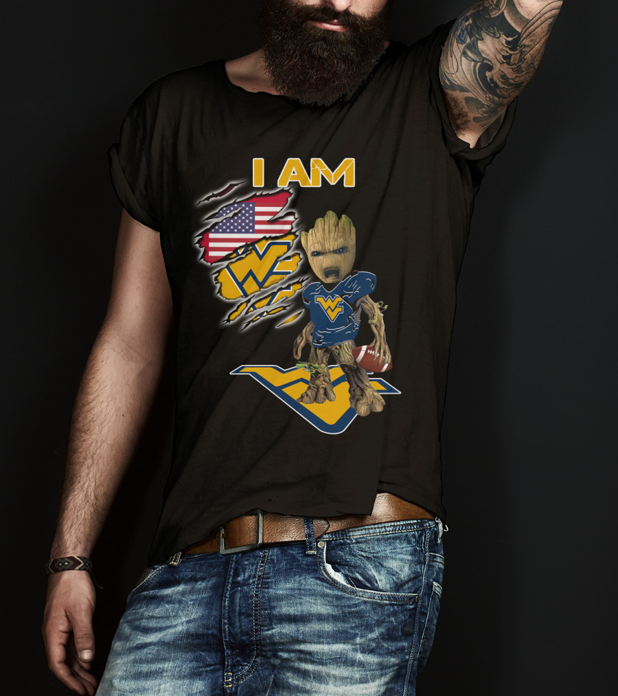 I AM West Virginia Mountaineers Baby Groot Football Fan USA Flag T-Shirt