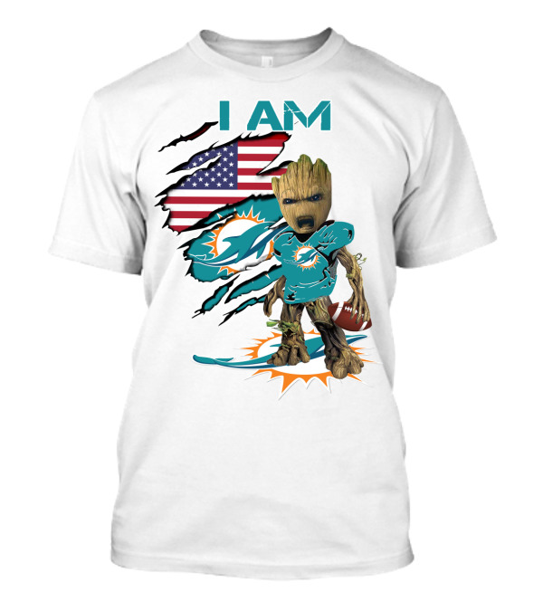I Am Miami Dolphins Baby Groot American Flag Football T-Shirt