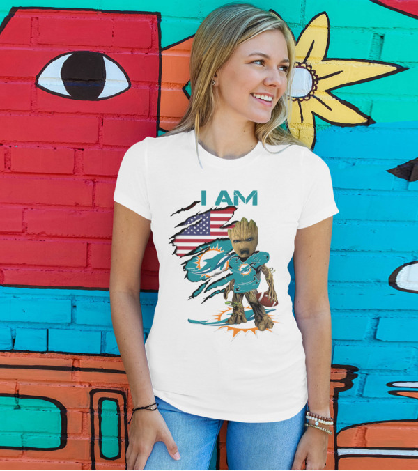 I Am Miami Dolphins Baby Groot American Flag Football T-Shirt