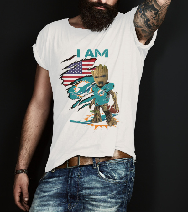 I Am Miami Dolphins Baby Groot American Flag Football T-Shirt