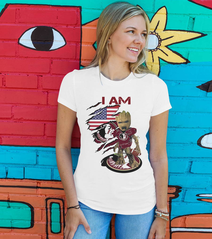 I Am Florida State University Baby Groot With American Flag And Football T-Shirt