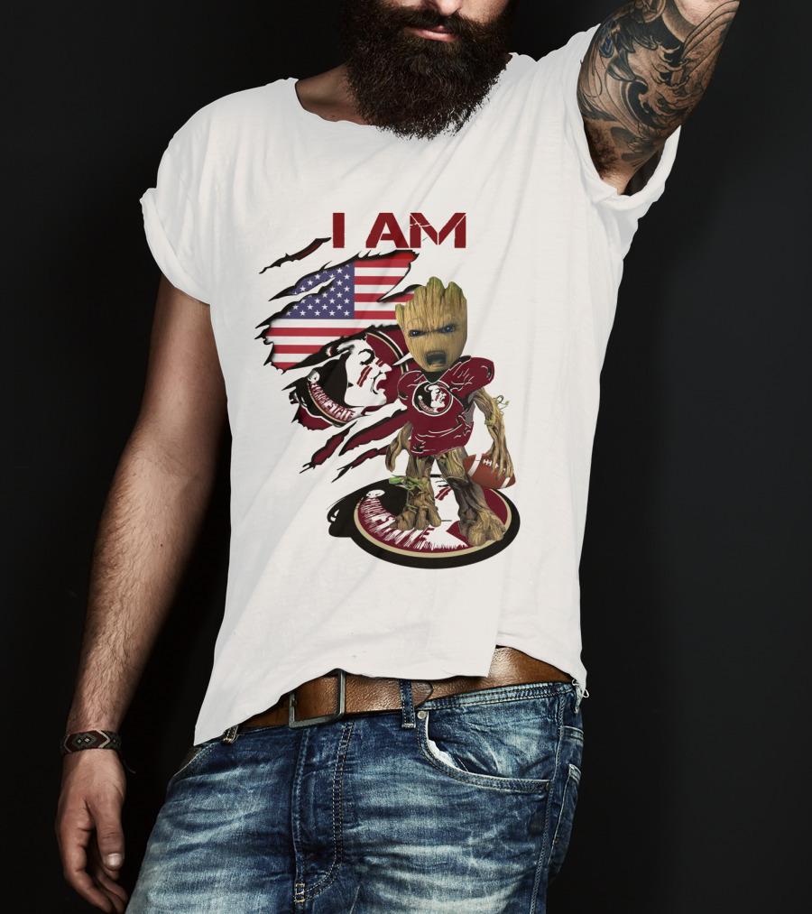 I Am Florida State University Baby Groot With American Flag And Football T-Shirt