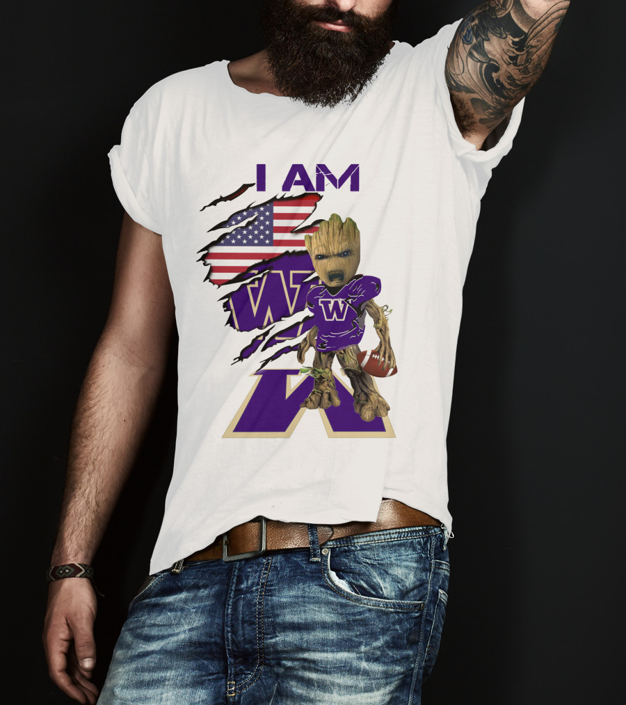 I AM Hukies W Baby Groot Football American Flag T-Shirt