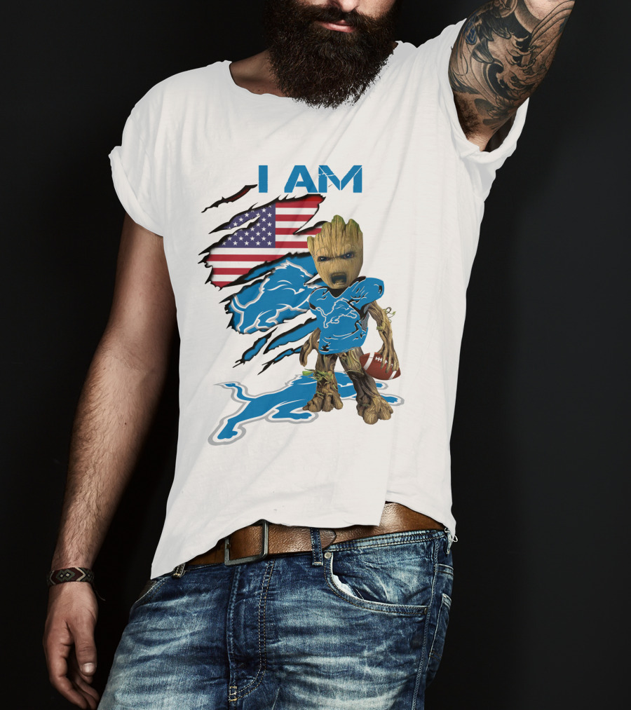 I AM Lions Baby Groot Football American Flag T-Shirt
