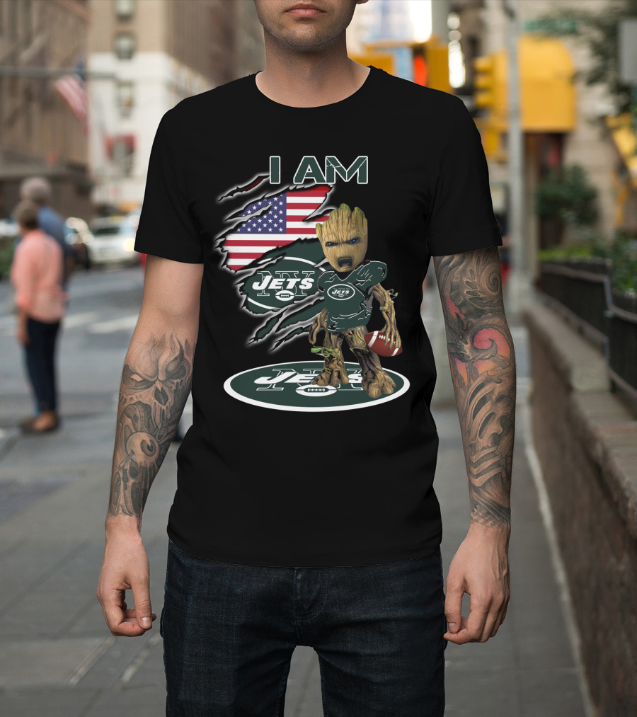 I Am Jets Baby Groot American Flag Football T-Shirt