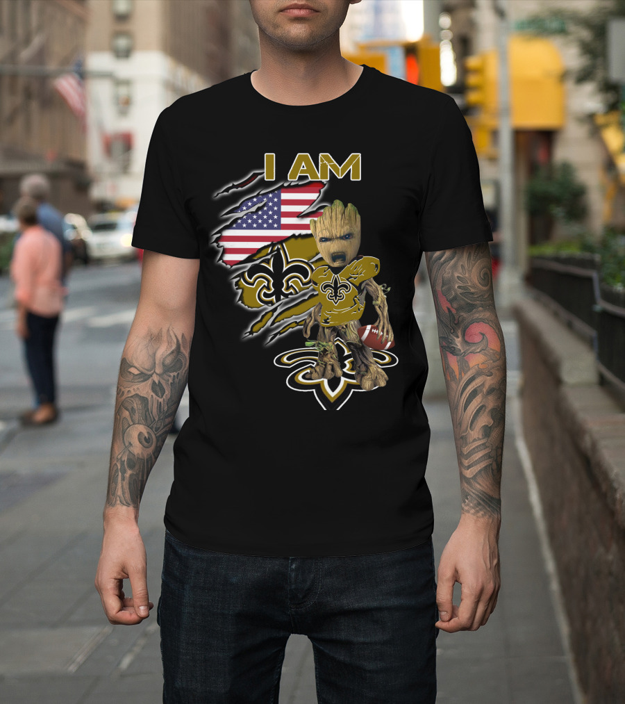 I Am Saints Baby Groot American Flag Football Fleur De Lis T-Shirt