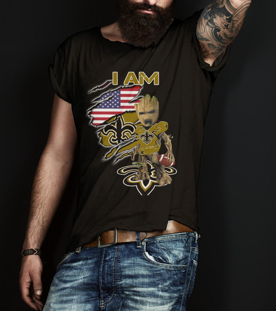 I Am Saints Baby Groot American Flag Football Fleur De Lis T-Shirt