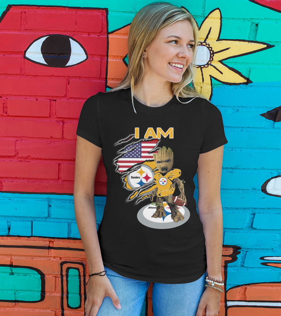I Am Steelers Baby Groot American Flag Football Nfl Character T-Shirt