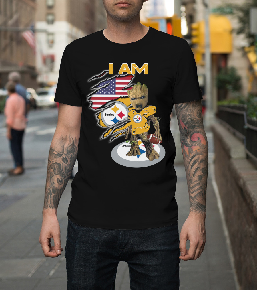 I Am Steelers Baby Groot American Flag Football Nfl Character T-Shirt