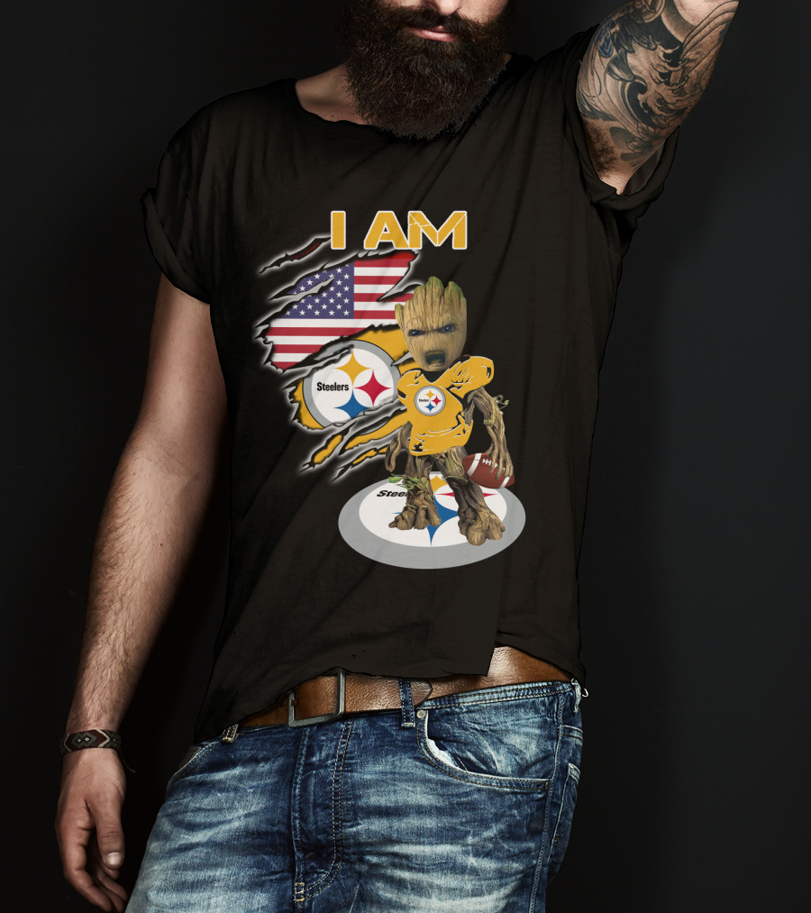 I Am Steelers Baby Groot American Flag Football Nfl Character T-Shirt