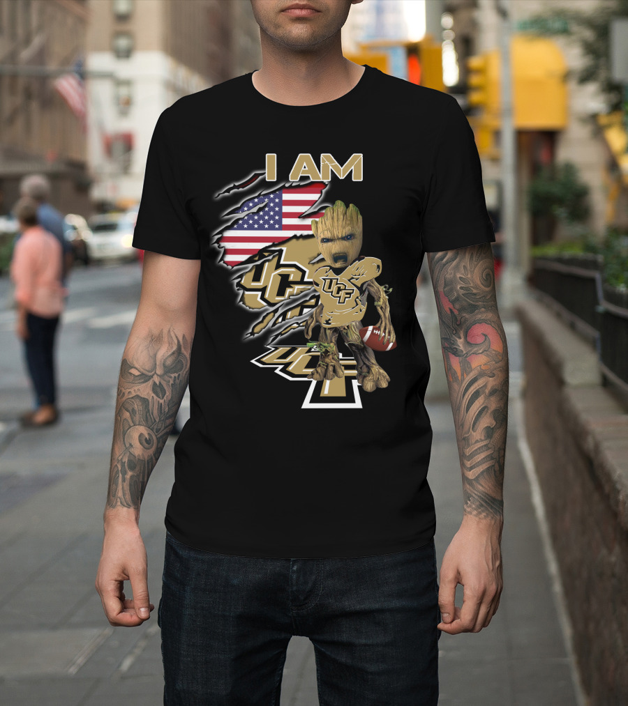 I AM UCF Baby Groot Football American Flag T-Shirt