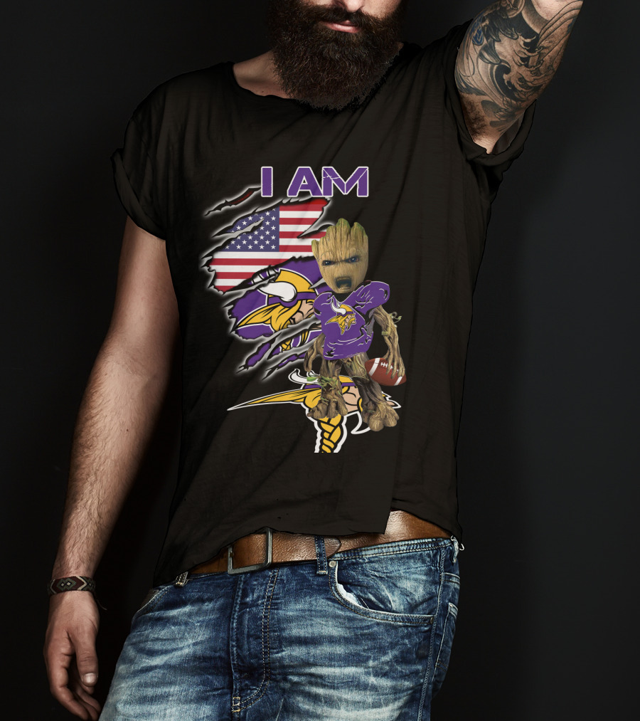 I AM Vikings Baby Groot American Flag Football T-Shirt