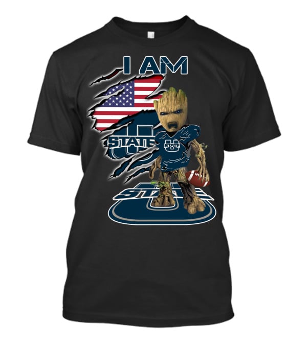 I AM Utah State Baby Groot Football American Flag T-Shirt