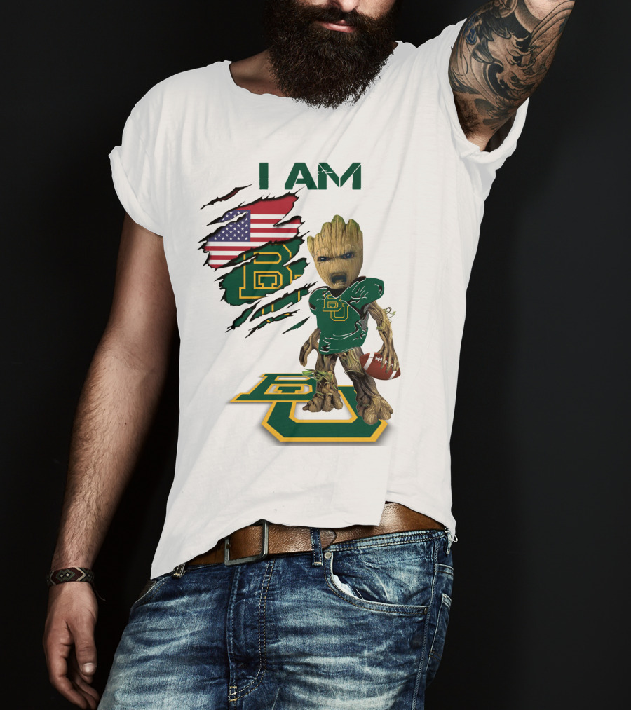 I Am Baylor Baby Groot Football Usa Flag T-Shirt