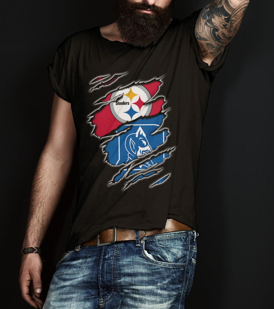 Steelers Duke Blue Devils Ripped Emblem Combination T-Shirt