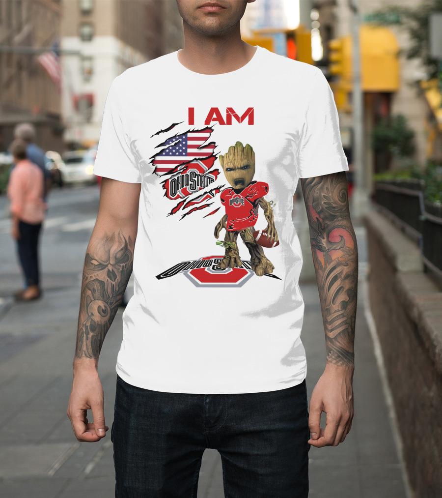 I Am Ohio State Baby Groot Football American Flag T-Shirt