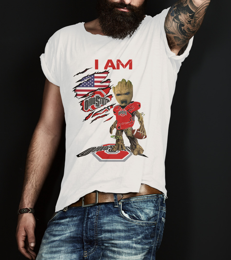 I Am Ohio State Baby Groot Football American Flag T-Shirt