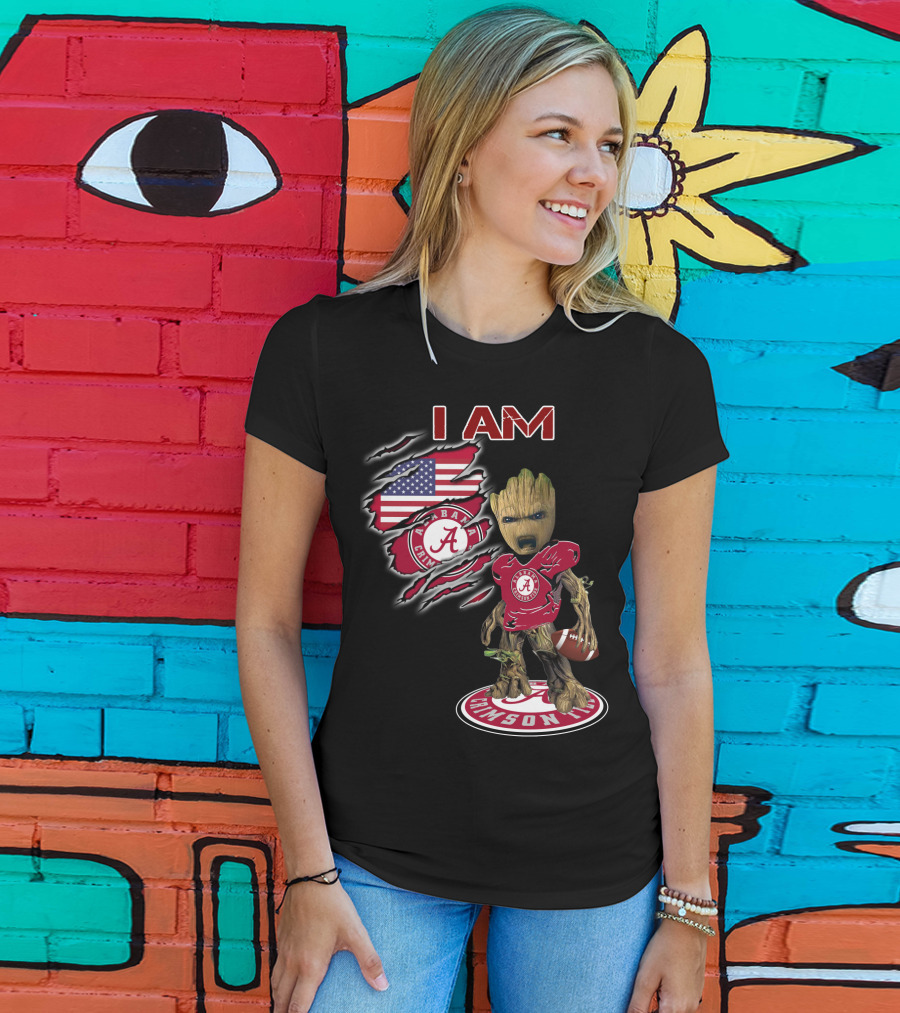 I Am Alabama Crimson Tide Football Fan Groot American Flag T-Shirt