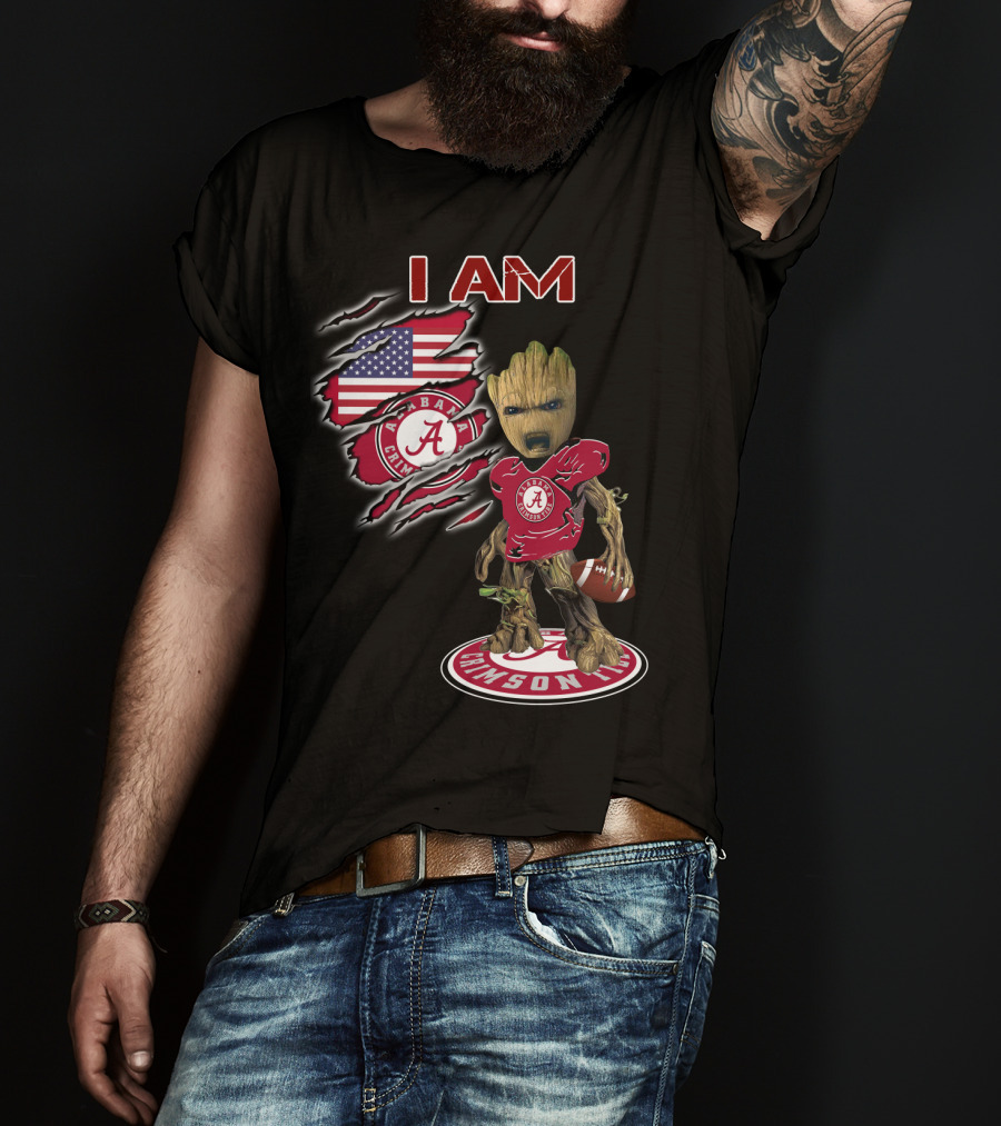I Am Alabama Crimson Tide Football Fan Groot American Flag T-Shirt