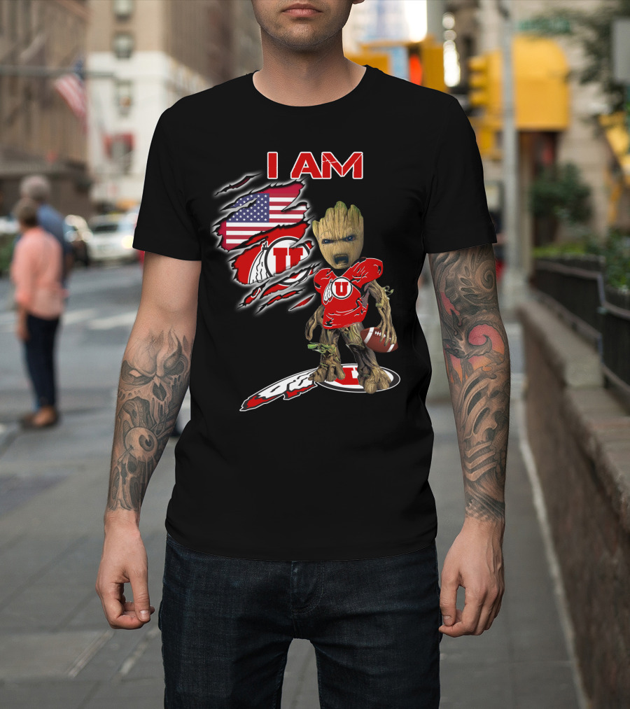 I Am U Utah Football Fan Groot American Flag T-Shirt