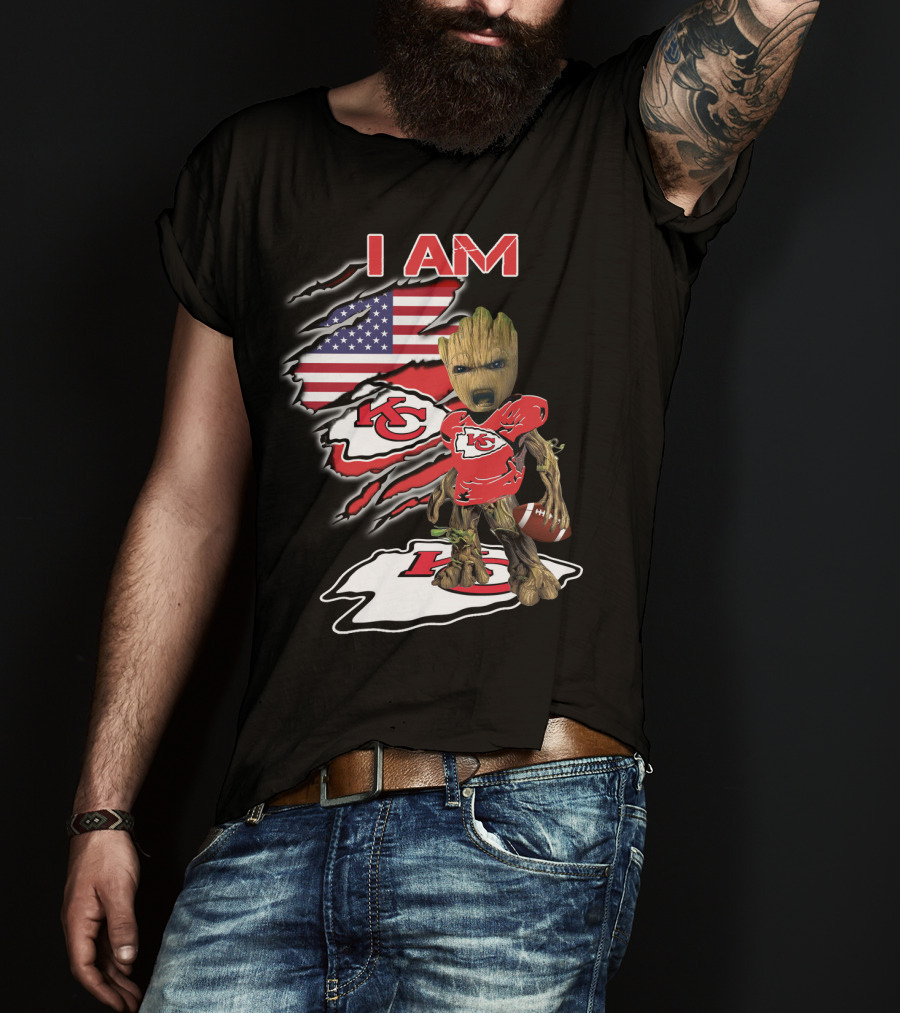 I Am Kc Chiefs Groot American Football Fan Usa Flag T-Shirt