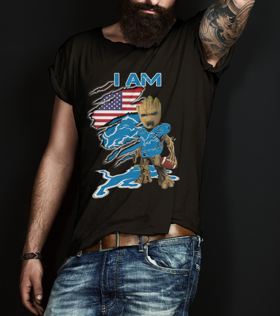 I Am Groot Detroit Lions Fan Football American Flag T-Shirt