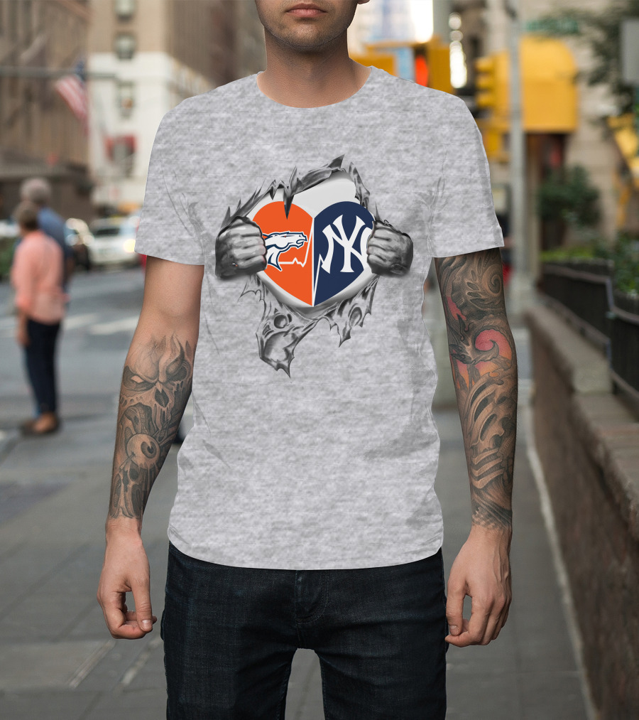 Broncos And Yankees Heart Split Design With Iconic Logo Mesh Tear Elements T-Shirt