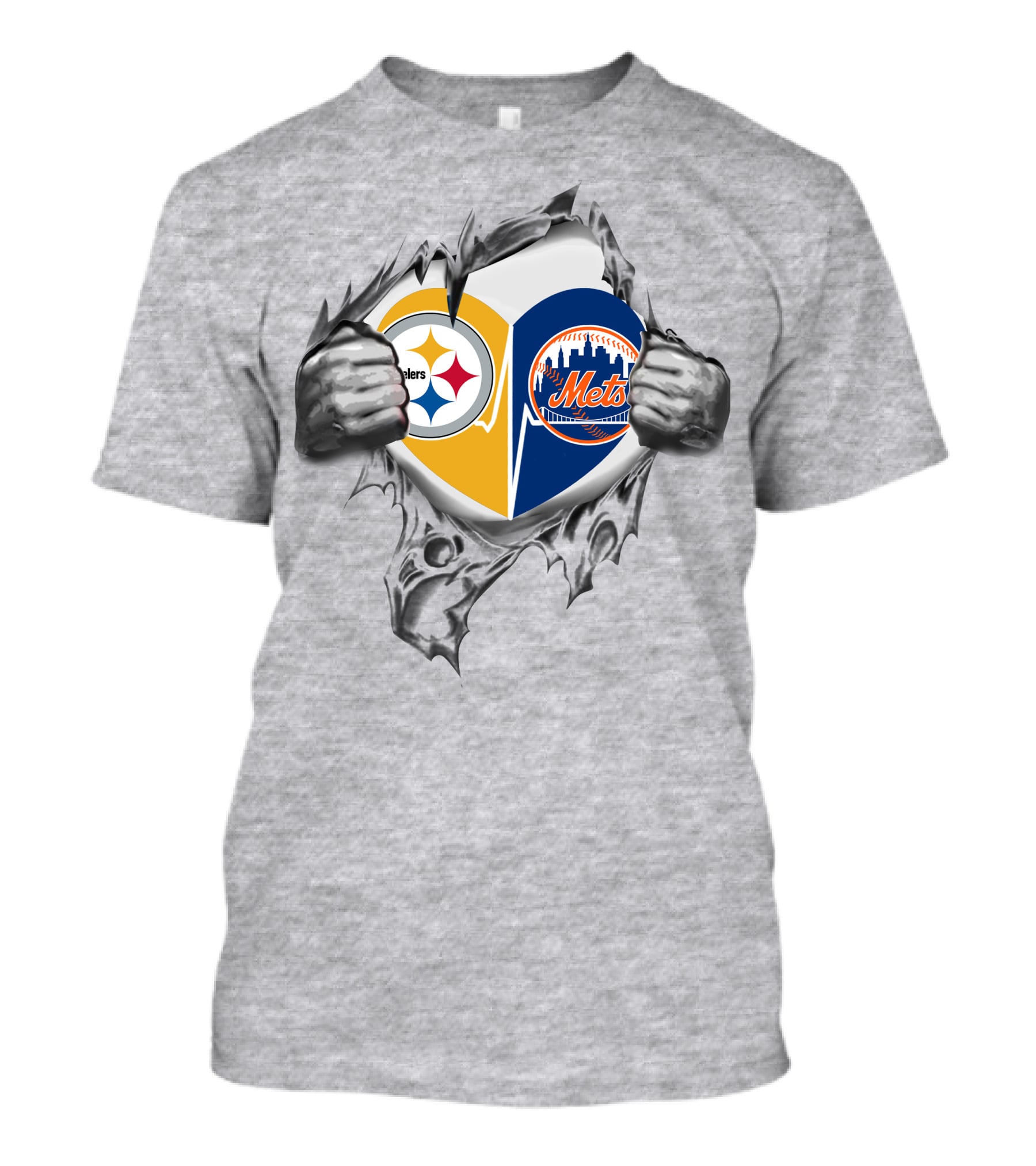 Steelers Mets Heart Design With Torn Metal Hands Displaying T-Shirt