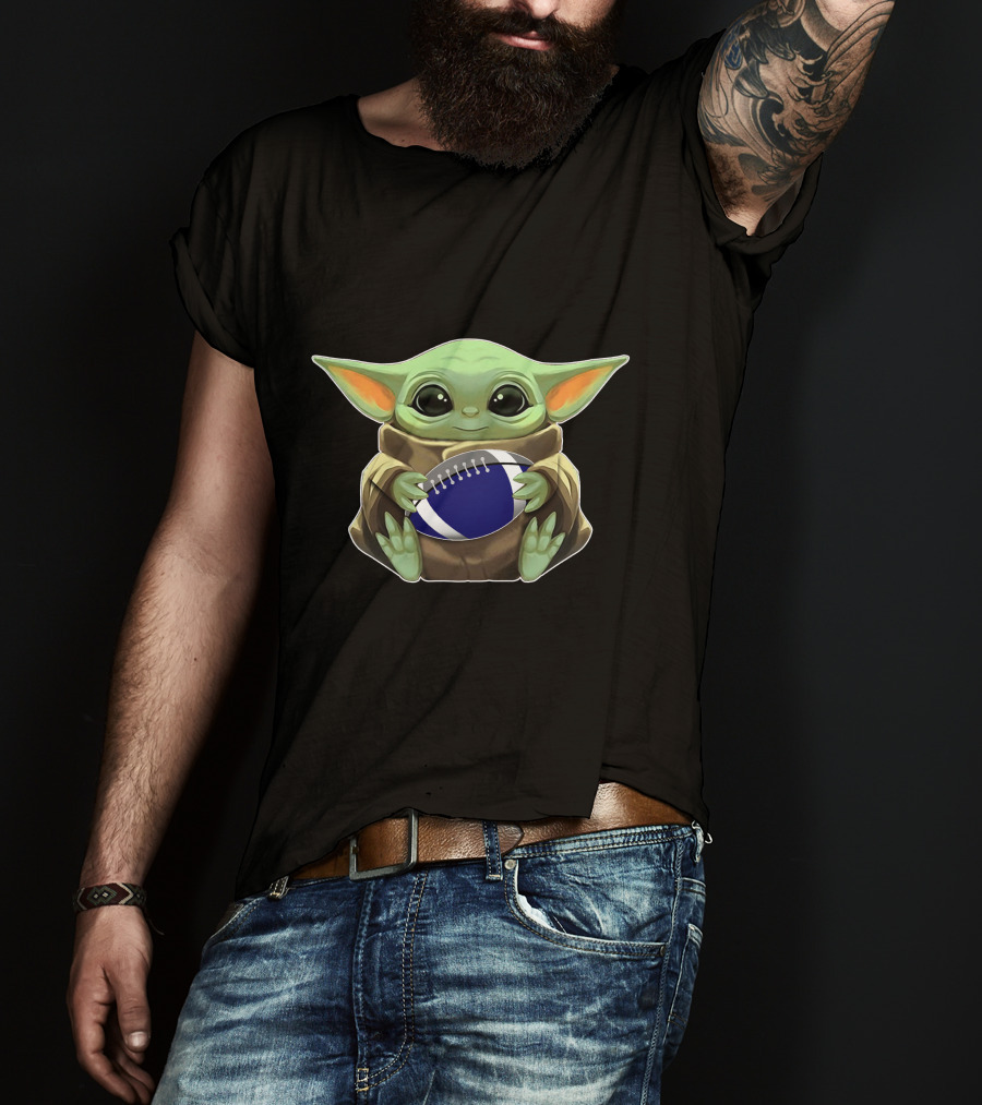 Yoda Baby Holding Blue And White Football T-Shirt