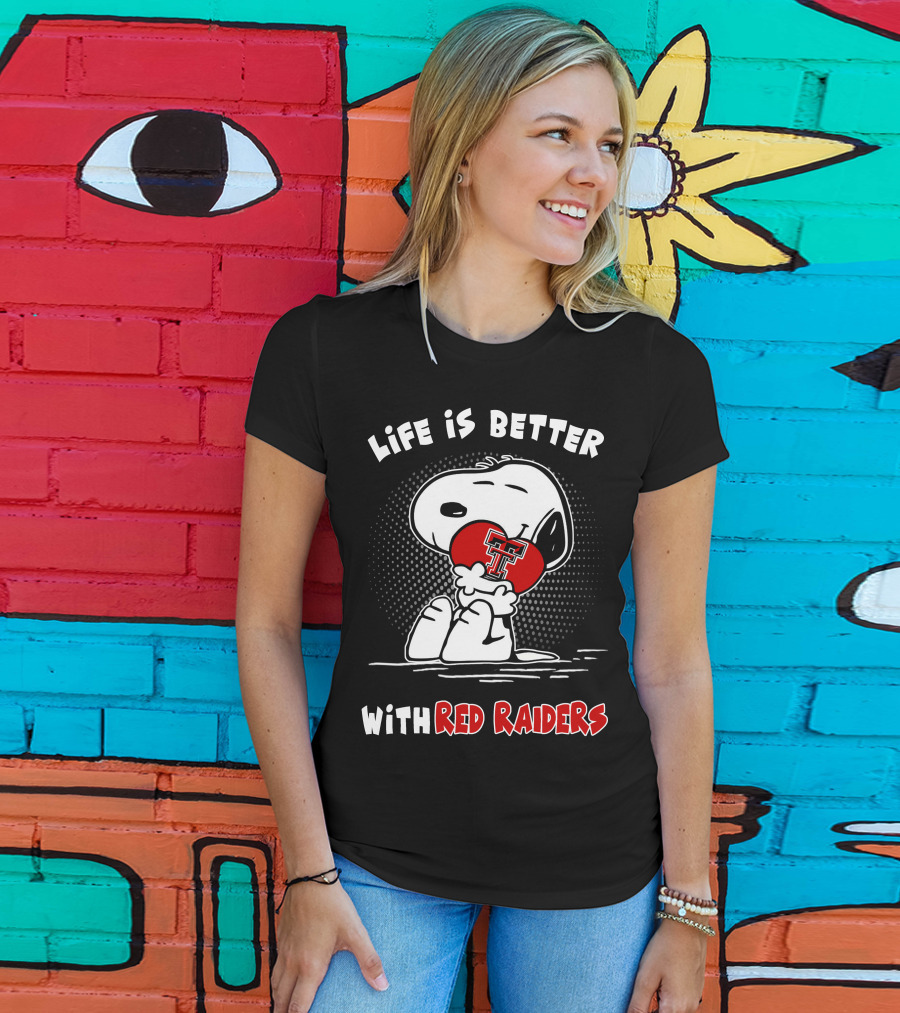 Life Is Better With Red Raiders Snoopy Hugging Texas Tech Heart T-Shirt