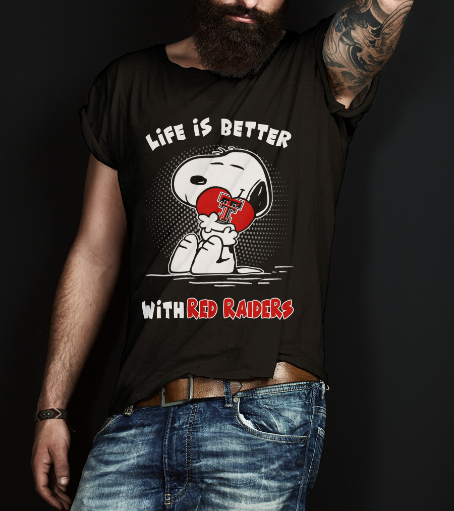 Life Is Better With Red Raiders Snoopy Hugging Texas Tech Heart T-Shirt