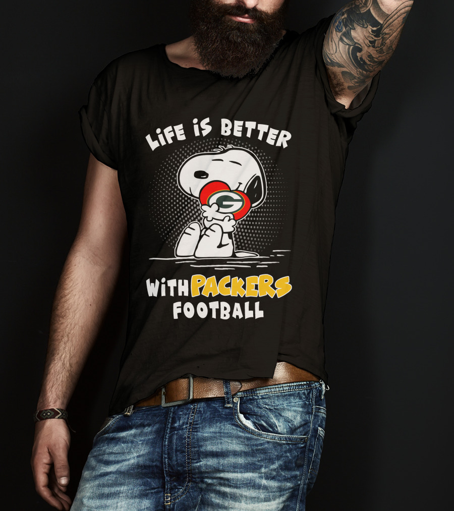 Life Is Better With Packers Football Snoopy Hugging Packers Helmet T-Shirt