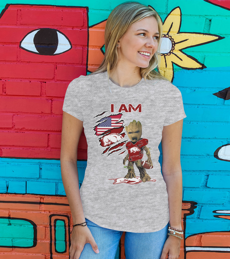 I Am Arkansas Baby Groot Razorbacks Football USA Flag T-Shirt