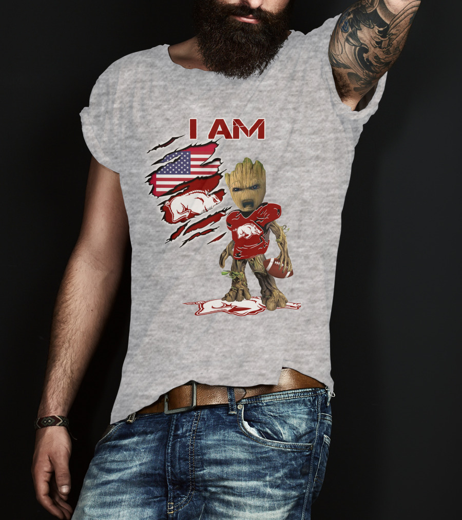 I Am Arkansas Baby Groot Razorbacks Football USA Flag T-Shirt
